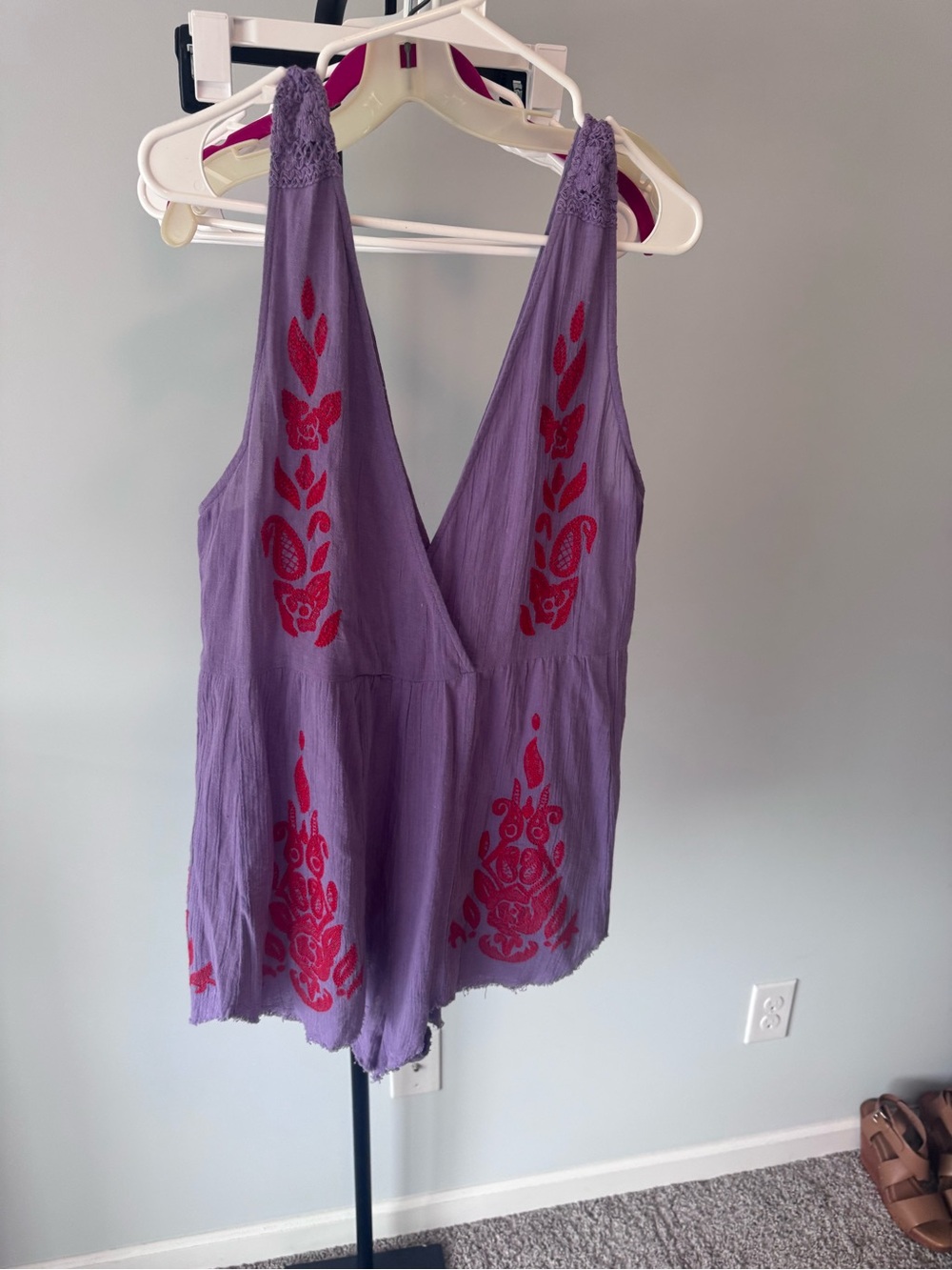 Free People Purple Romper with Red Embroidered Motif